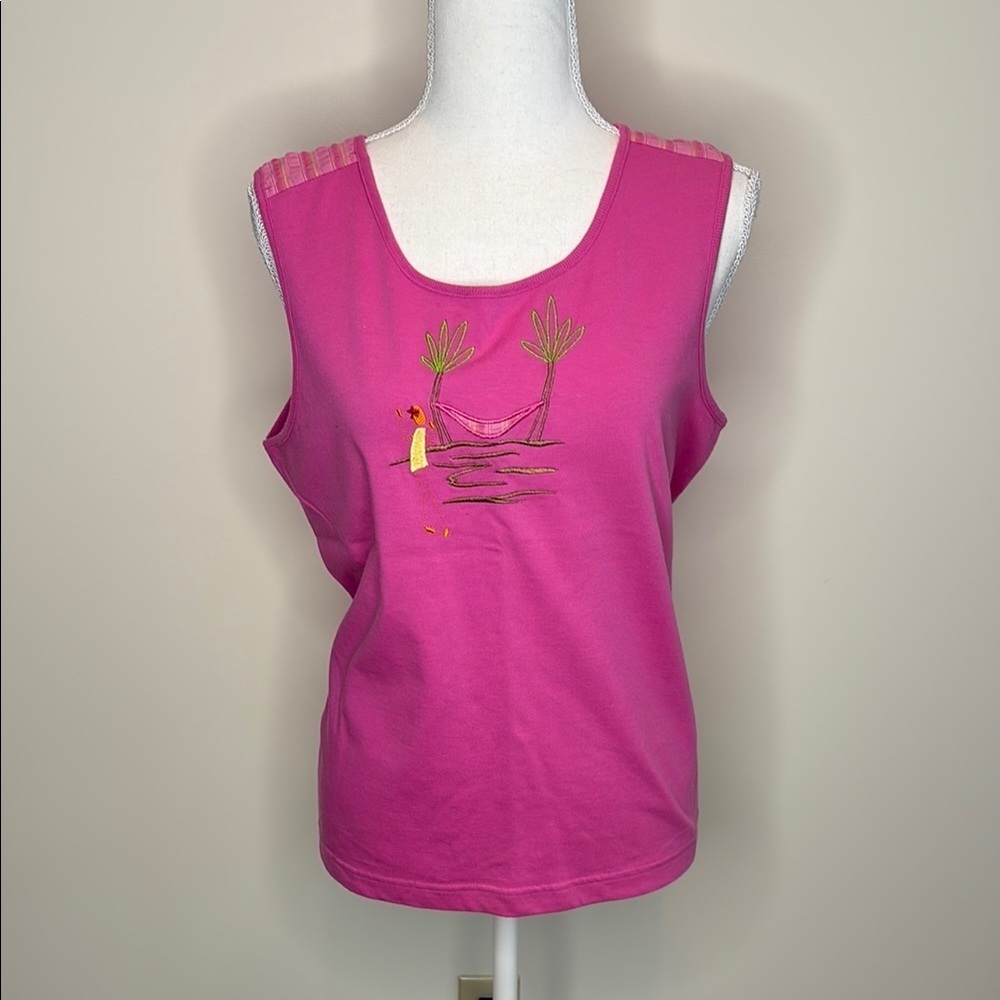 Onque Casuals Pink Tank Top with an Embroidered Tropical Scene Graphic. Large